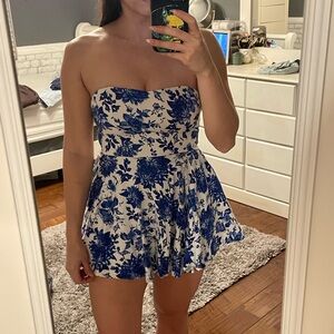 🎉B2GO- Blue and White Floral Strapless Dress